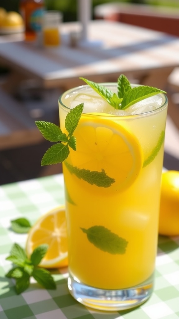 A chilled glass of minted rum lemonade with ice, mint, and lemon, in a sunny outdoor setting.